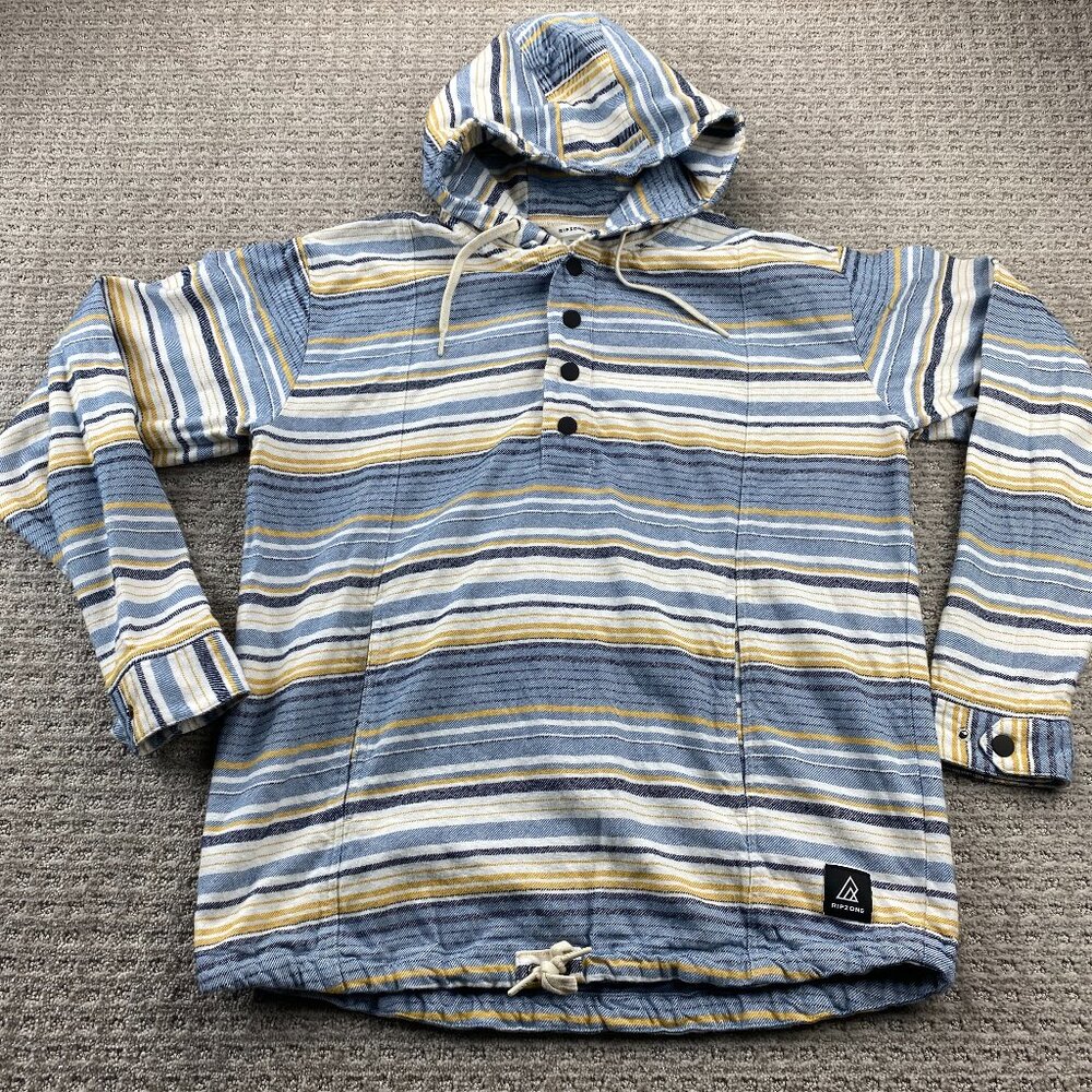 Rip Zone Hooded Shirt Men Medium M Blue Yellow White Striped 1/4 Button Pullover